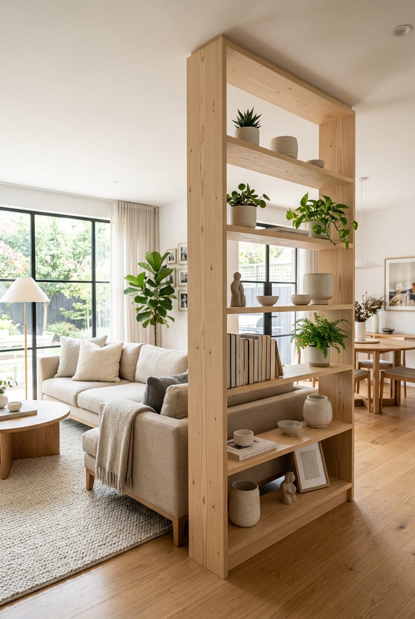 Offenes Regal aus hellem Fichtenholz als Raumteiler in einem Wohnzimmer mit Sitzbereich und Dekoration.