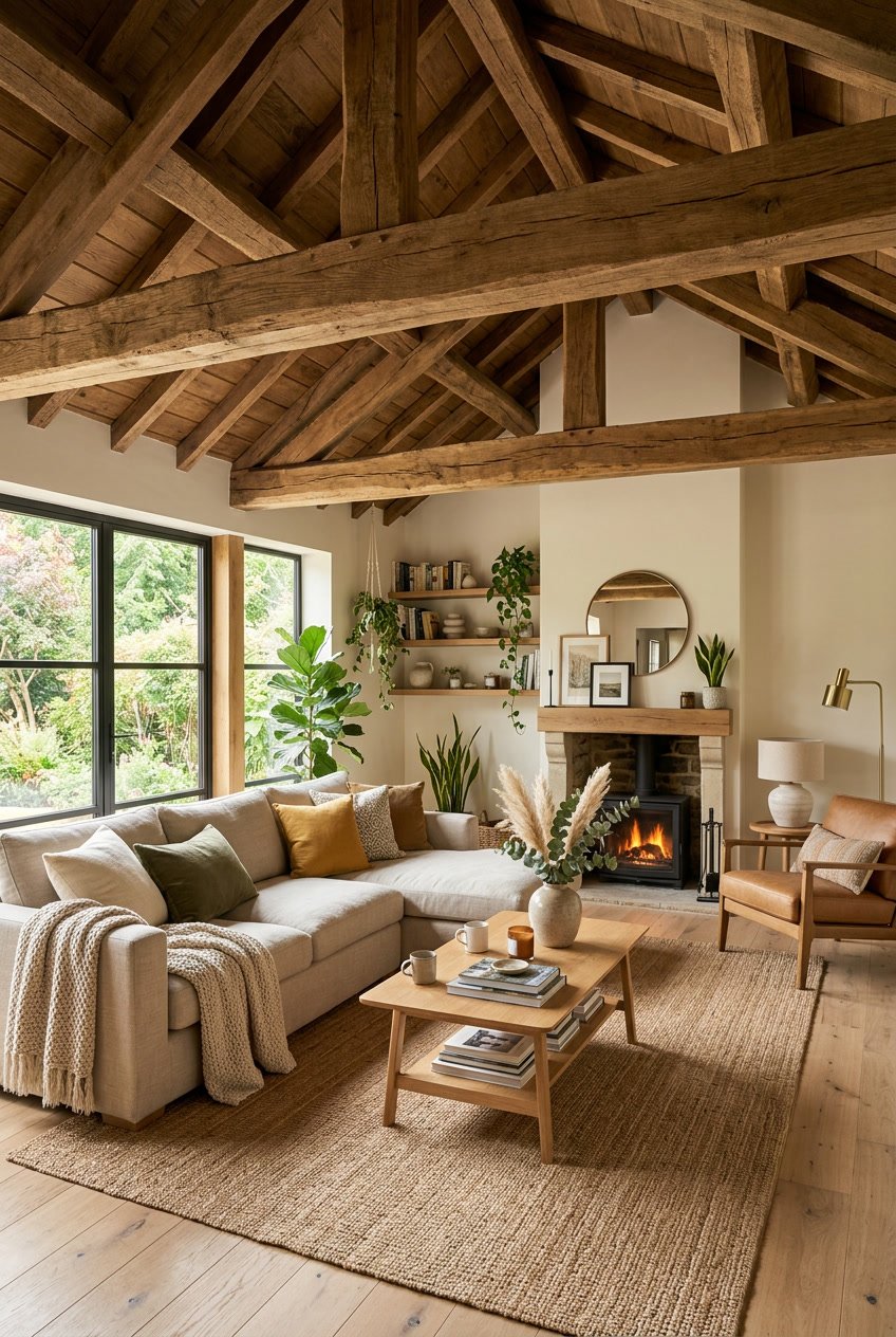 Wohnzimmer mit Decke aus rustikalen Holzbalken und moderner Einrichtung.