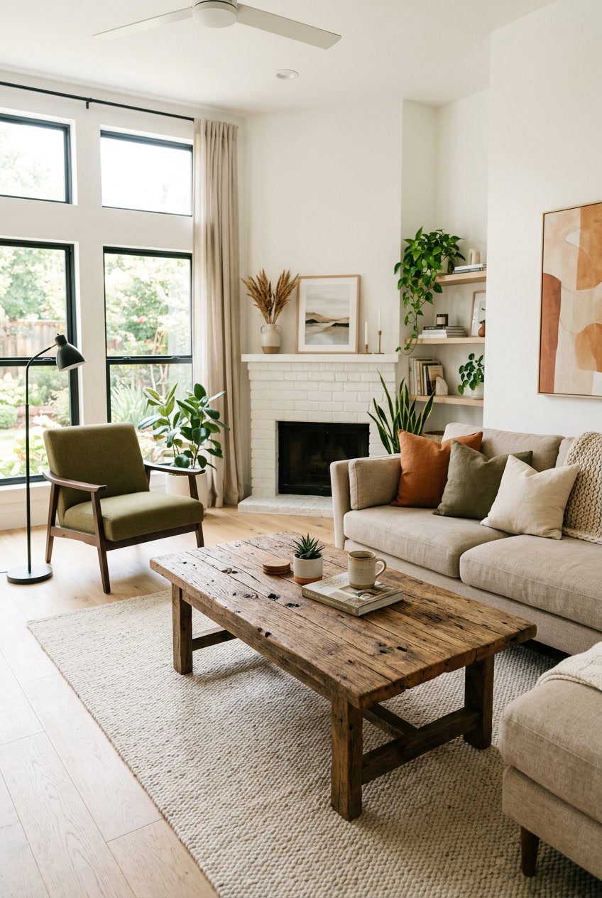 Wohnzimmer mit einem Couchtisch aus Holz und bequemen Sitzmöbeln in einem hellen Raum.