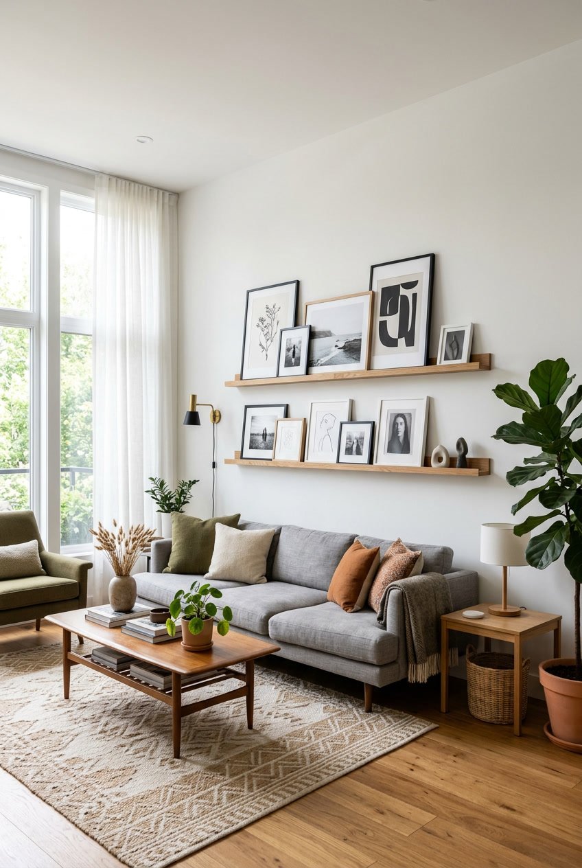 Wohnzimmer mit hölzernen Bilderleisten an einer weißen Wand, darauf stehen gerahmte Bilder, umgeben von Holzmöbeln und Pflanzen.