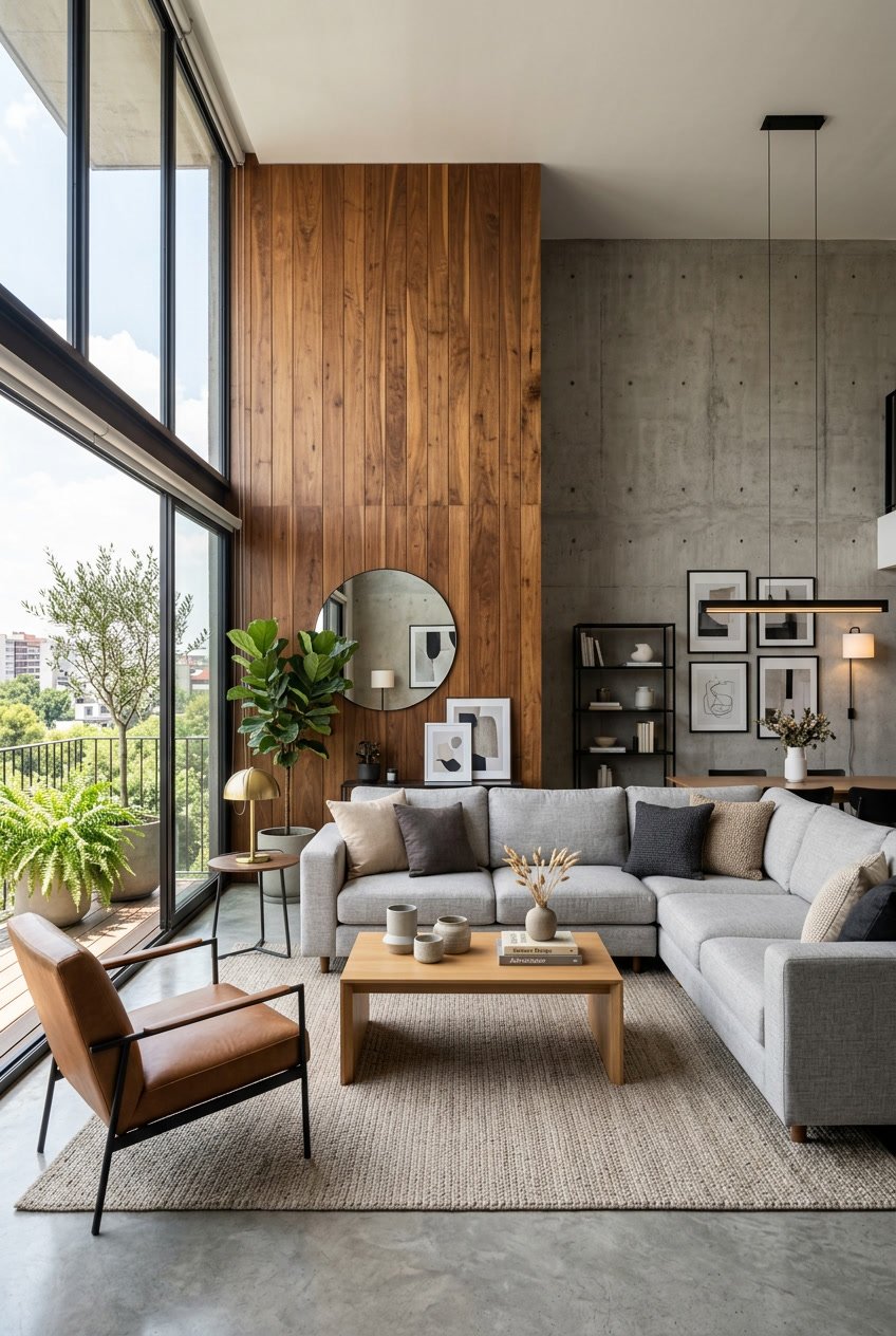 Ein Wohnzimmer mit Holzvertäfelung an einer Wand und Betonwänden, ausgestattet mit Sofa, Tisch und Pflanzen.