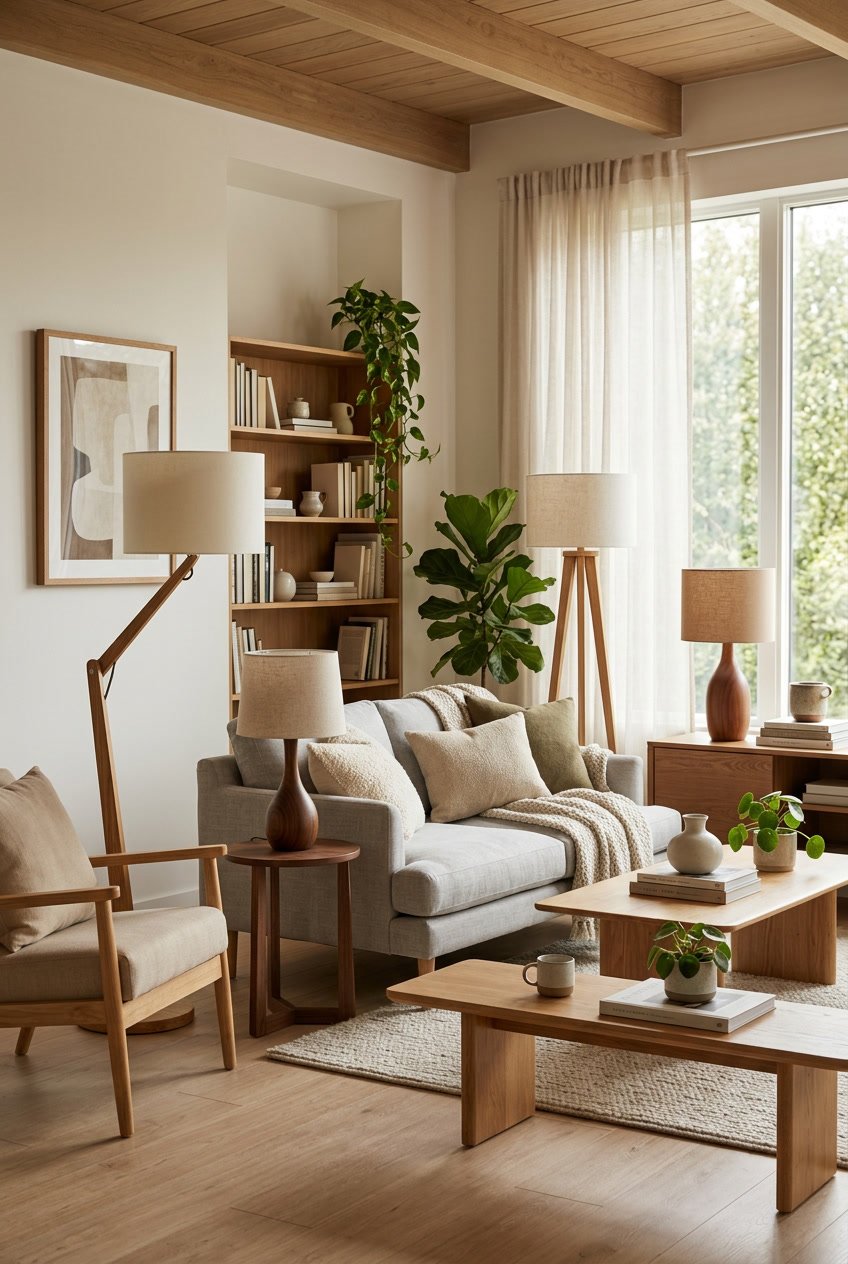 Wohnzimmer mit Steh- und Tischlampen auf Holzsockeln, gemütliche Sitzgelegenheiten und Pflanzen im Hintergrund.