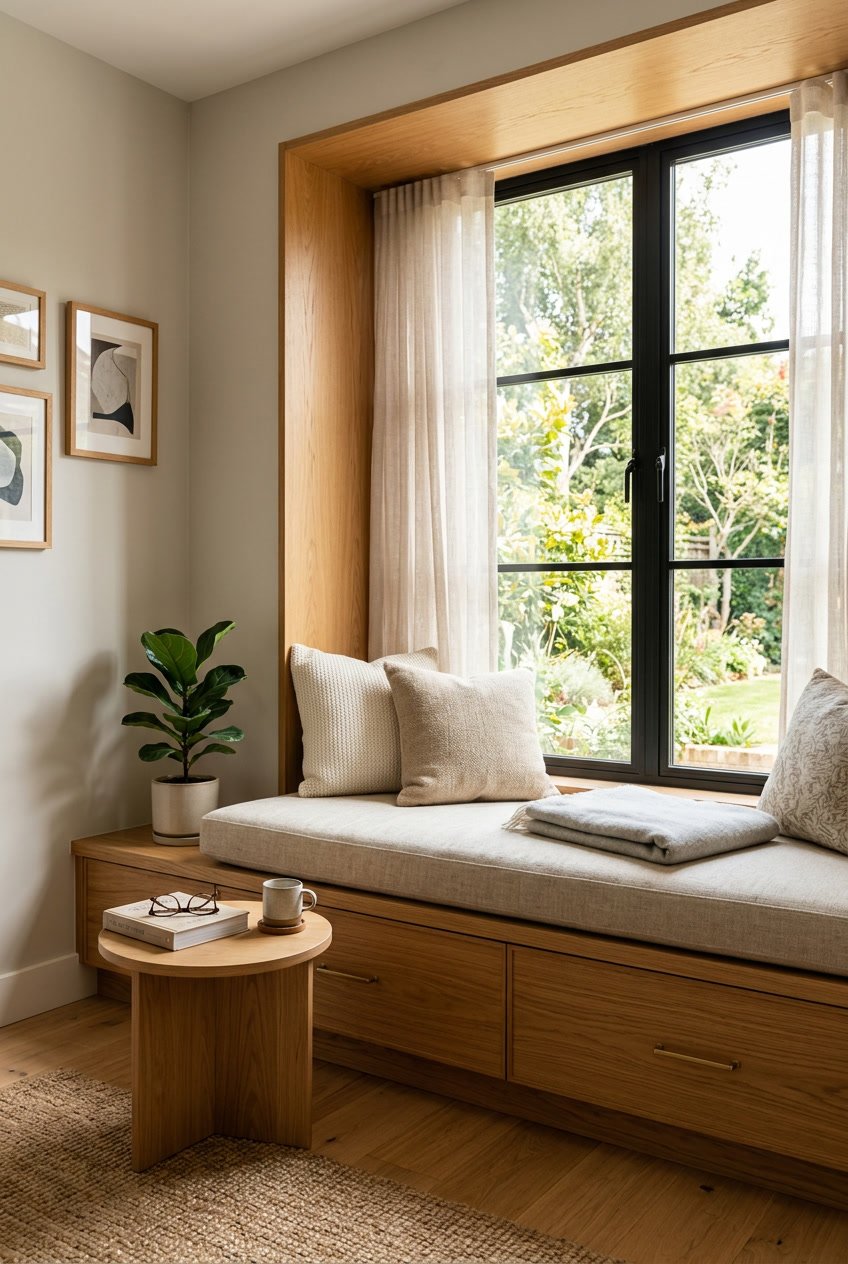 Ein Fensterplatz mit gepolstertem Holzrahmen in einer gemütlichen Wohnzimmerecke mit natürlichem Licht.