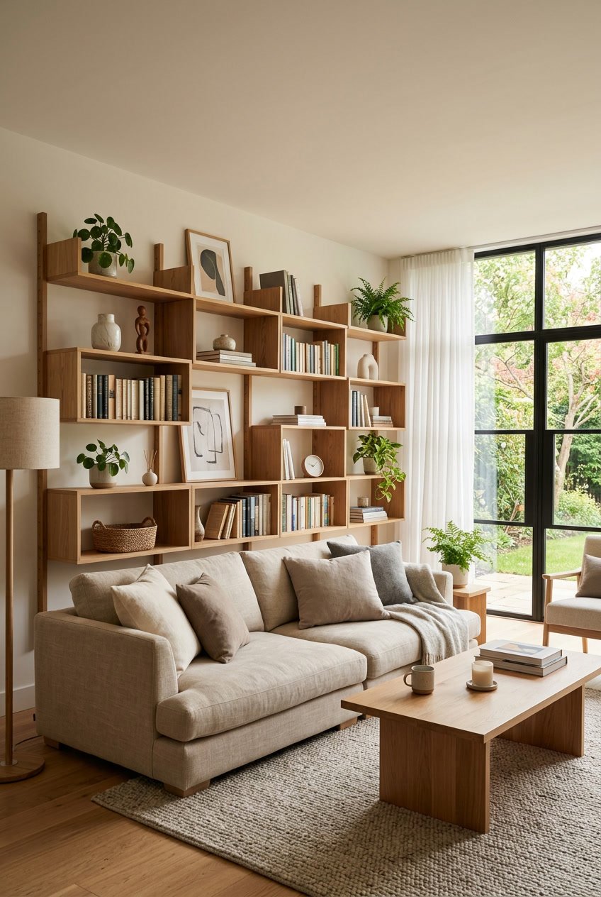 Wohnzimmer mit modularen Holzregalen, Sofa, Kaffeetisch und Pflanzen in natürlichem Licht.