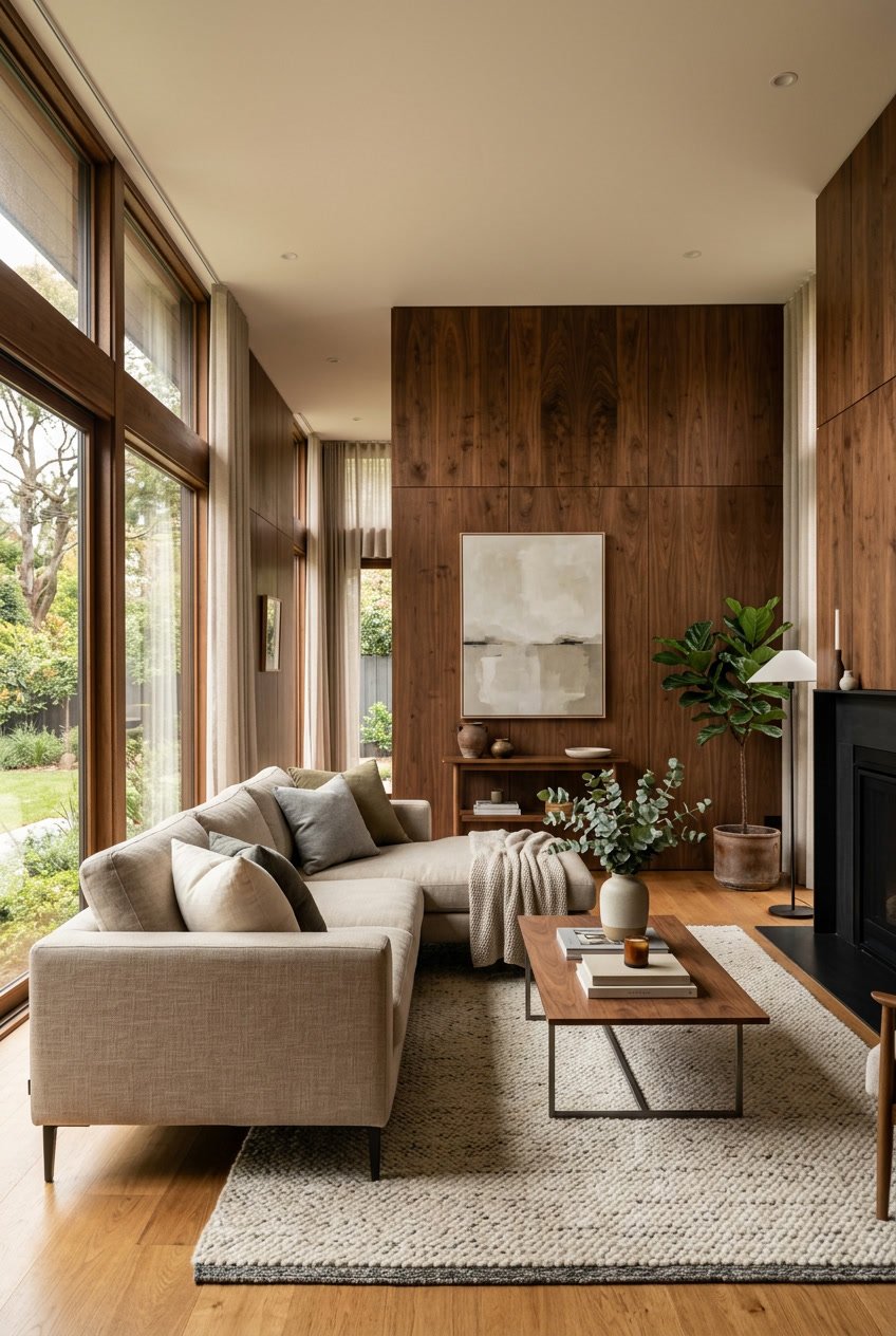 Modernes Wohnzimmer mit Wandpaneelen aus geöltem Nussbaumholz und gemütlicher Einrichtung.