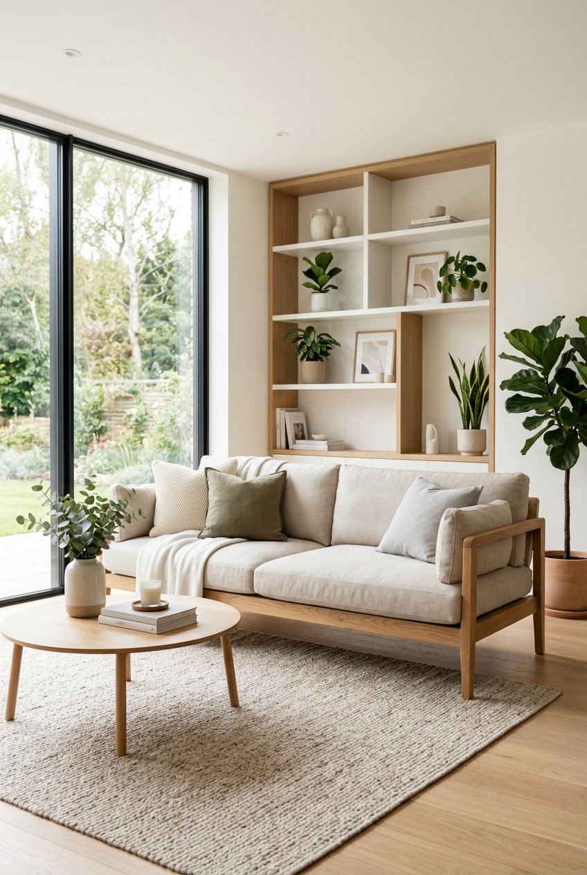 Wohnzimmer mit einem Holzrahmen-Sofa und hellen Polstern, umgeben von Möbeln und Pflanzen.