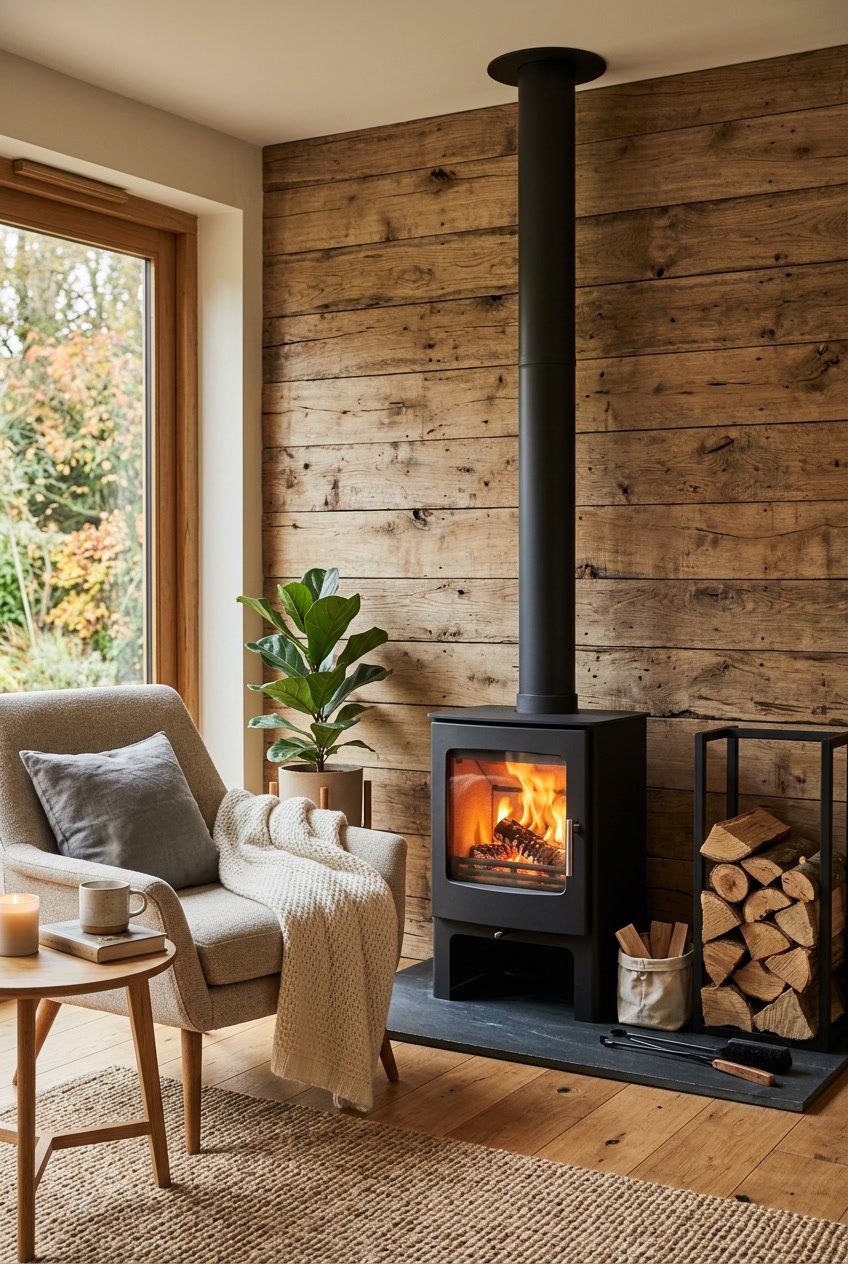 Kleiner Kaminofen vor einer Holzwand in einem Wohnzimmer mit gemütlicher Einrichtung.