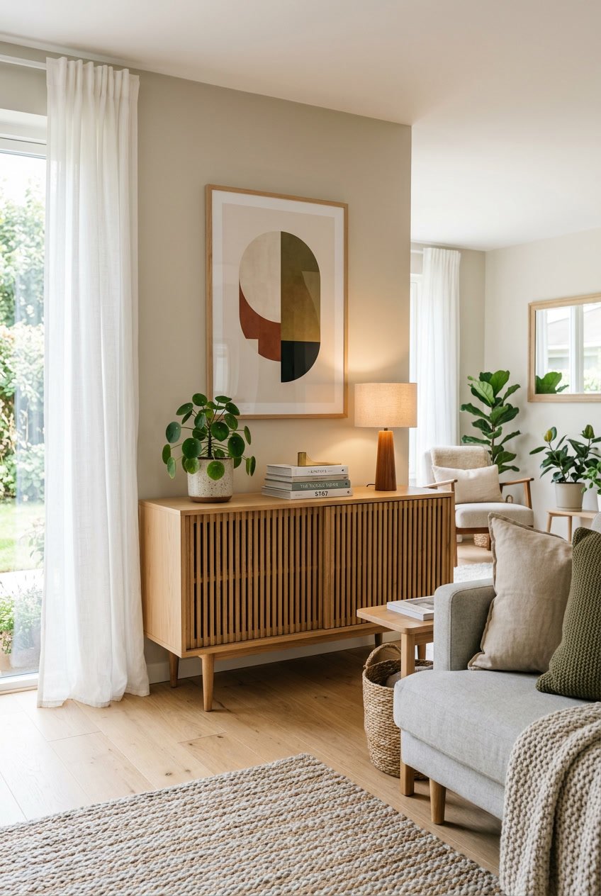 Wohnzimmer mit einem Sideboard aus hellem Eichenholz mit Lamellenfront, dekoriert mit Pflanze und Lampe, helle Fenster im Hintergrund.