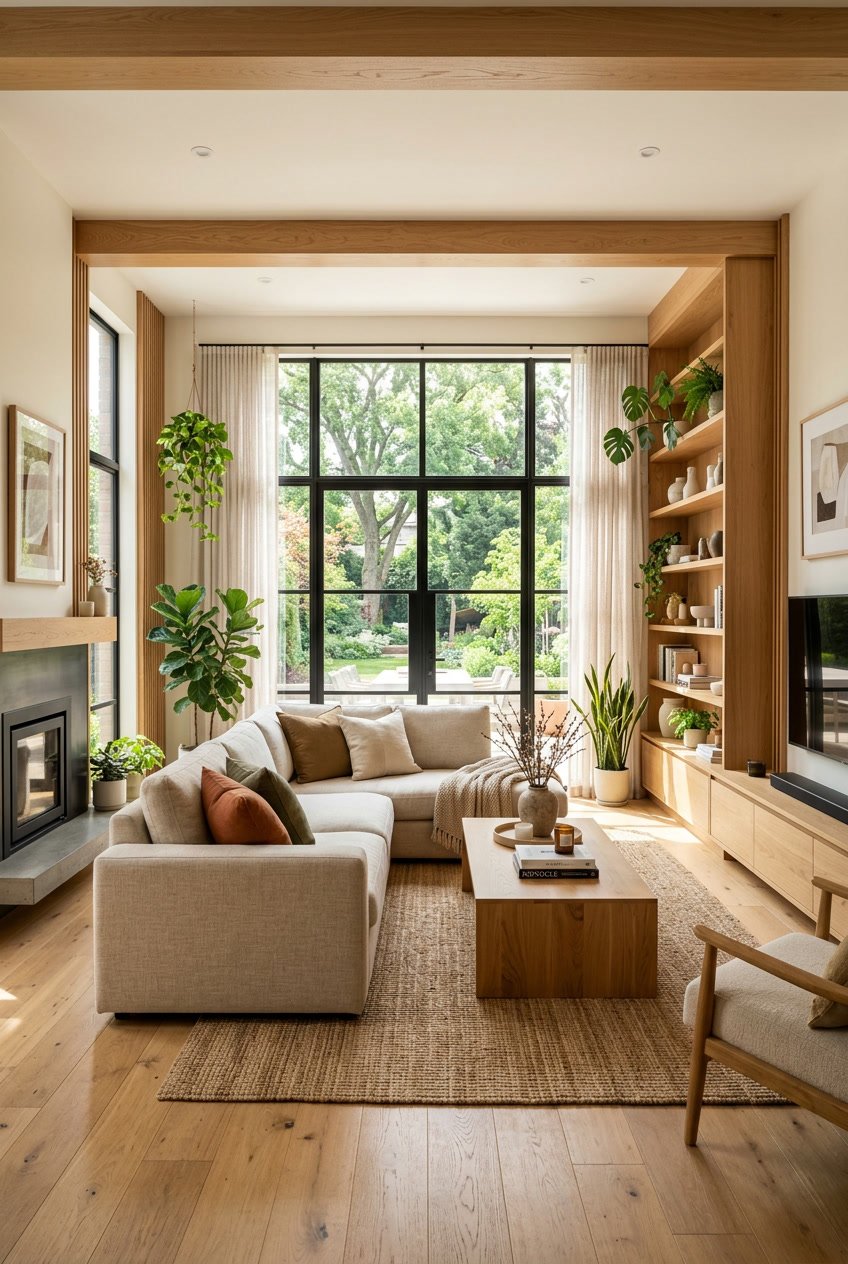 Modernes Wohnzimmer mit Holzboden, Holzmöbeln und grünen Pflanzen, hell und einladend gestaltet.