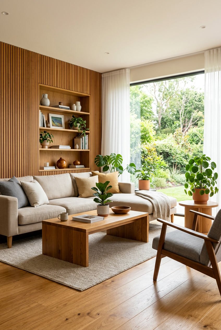 Modernes Wohnzimmer mit Holzmöbeln und großen Fenstern, Pflanzen und hellem Licht.