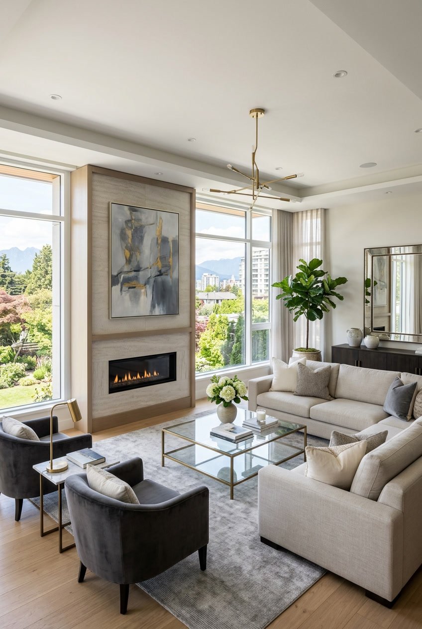 Ein heller, geräumiger Wohnraum mit großen Fenstern, einer modernen Couch, einem Couchtisch und Pflanzen.