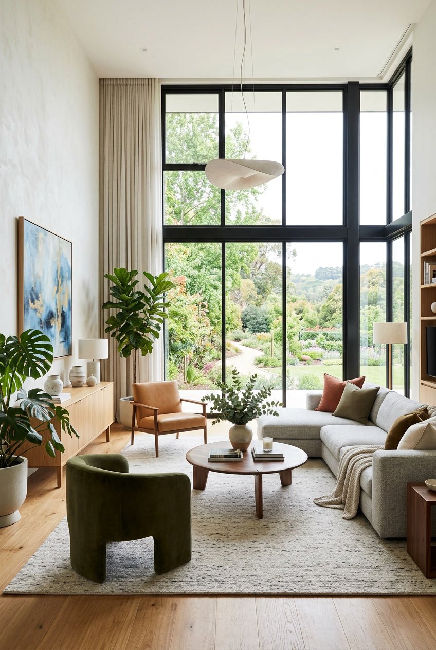 Ein großes, helles Wohnzimmer mit sehr großen Fenstern, modernen Möbeln und Blick ins Freie.