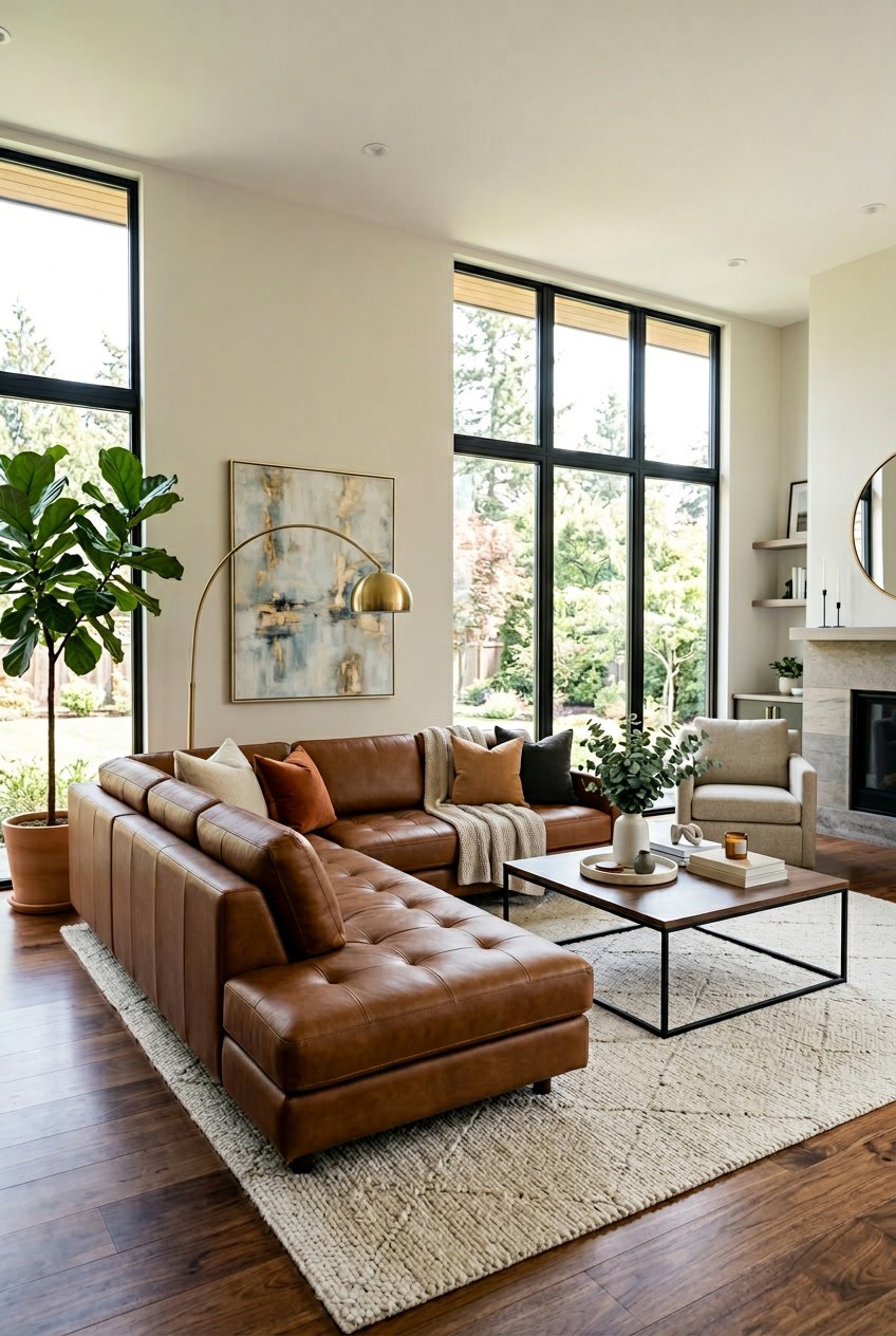 Ein Wohnzimmer mit einem maßgefertigten Ledersofa, einem Couchtisch, großen Fenstern und Pflanzen.