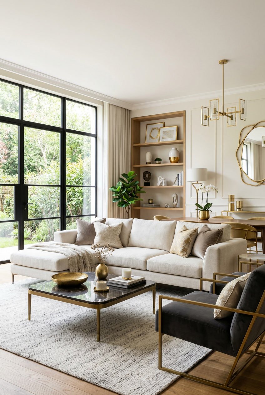 Ein modernes Wohnzimmer mit eleganten goldenen Dekorationen und stilvollen Möbeln in neutralen Farben.
