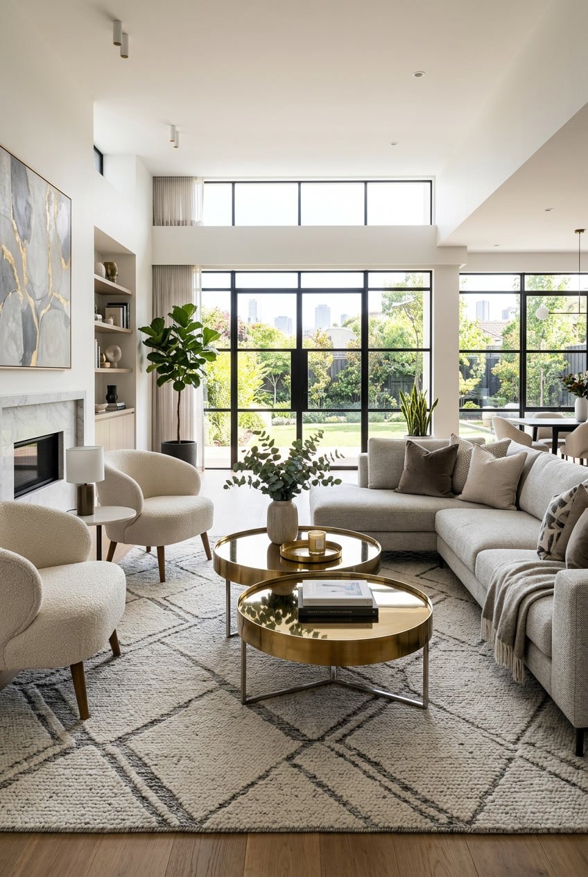 Ein Wohnzimmer mit metallischen Couchtischen in Messingoptik, einem Sofa, Sesseln und dekorativen Pflanzen.