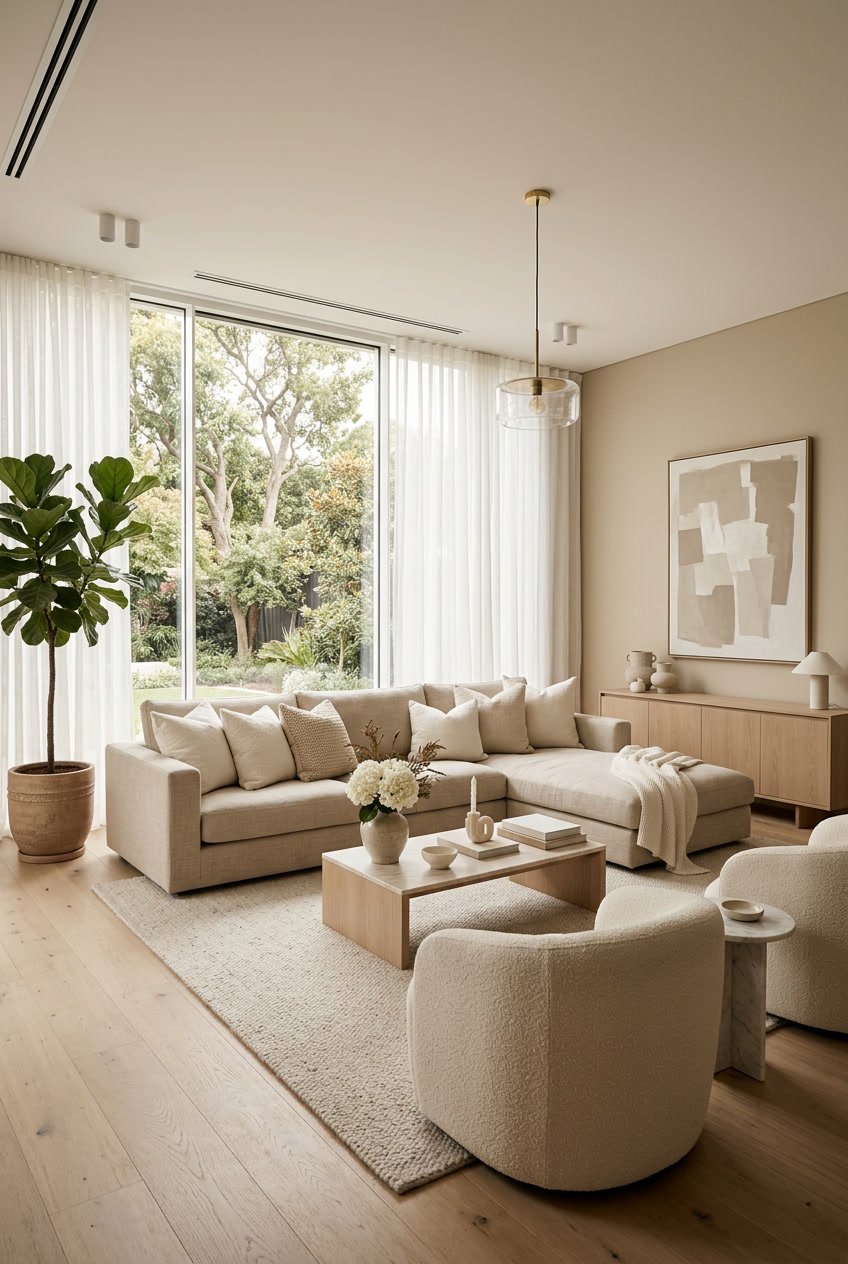 Ein Wohnzimmer mit beigen und cremigen Farbtönen, einem großen Sofa, einem Couchtisch und viel natürlichem Licht.