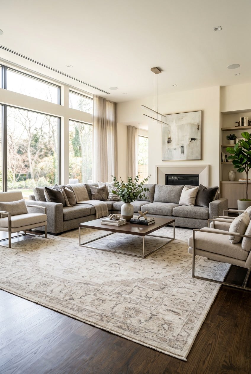 Ein modernes Wohnzimmer mit großen Teppichen mit dezentem Muster, Sofa, Sesseln und einem Couchtisch in einem hellen Raum.