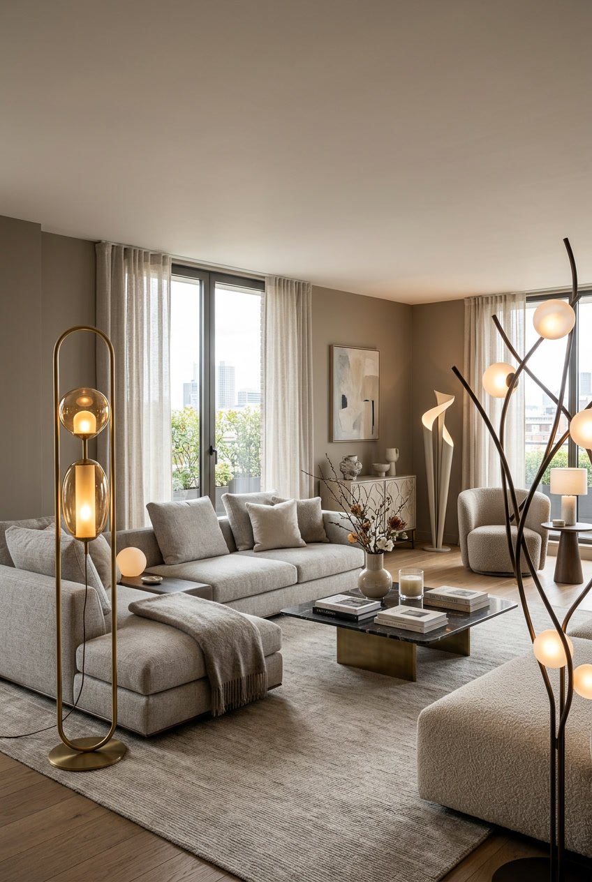 Ein modernes Wohnzimmer mit eleganten Stehlampen und gemütlicher Einrichtung.