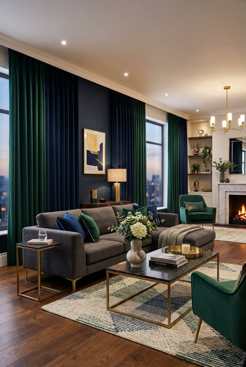 Wohnzimmer mit Wänden, die dunkelblaue und smaragdgrüne Samtvorhänge zeigen, ausgestattet mit modernen Möbeln und dekorativen Elementen.
