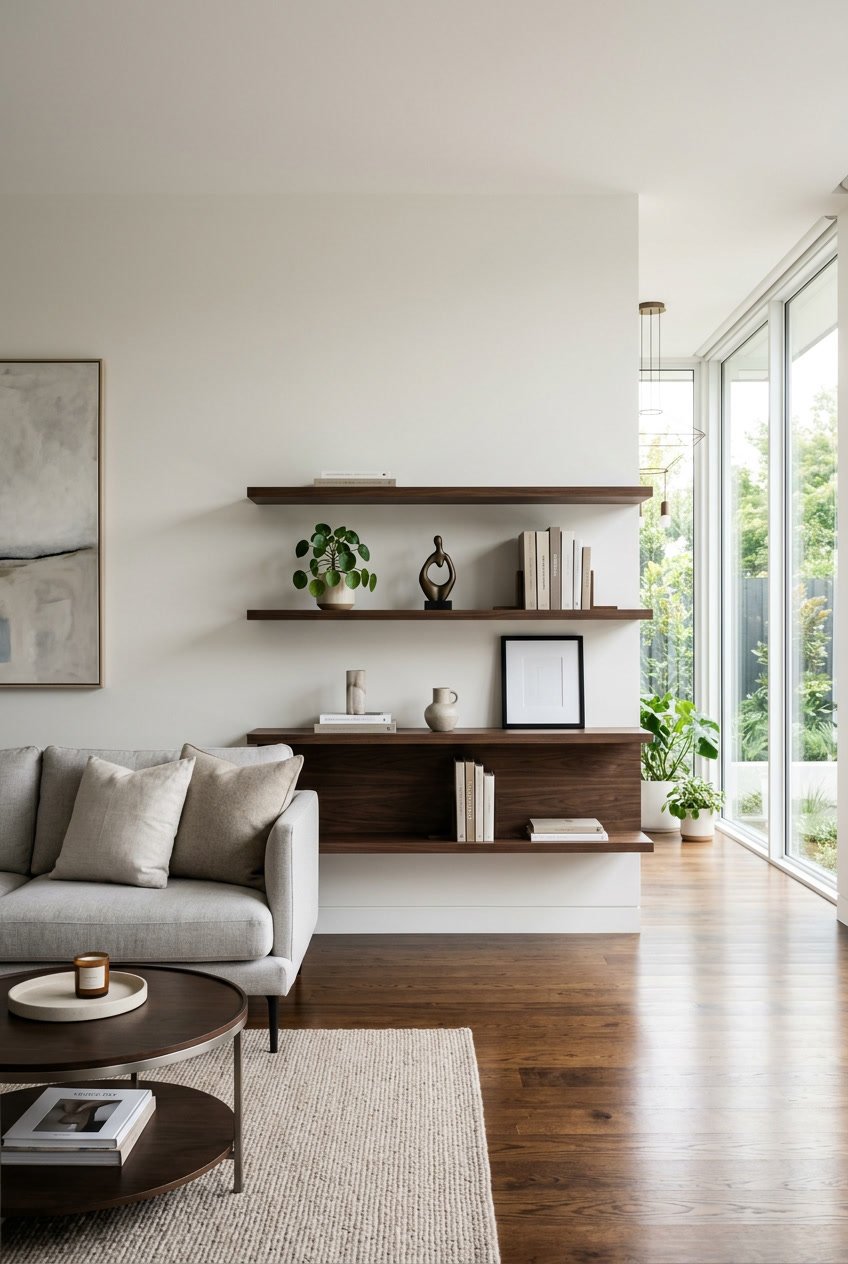 Wohnzimmer mit minimalistischen Regalsystemen aus dunklem Holz, dekoriert mit Büchern und Pflanzen, helle Fenster und gemütliche Sitzmöbel.