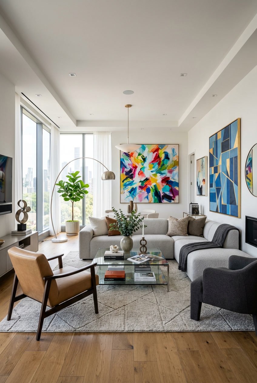 Ein luxuriöses Wohnzimmer mit moderner Einrichtung und zeitgenössischen Kunstwerken an den Wänden.