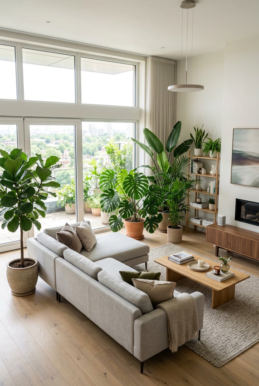 Ein modernes Wohnzimmer mit großen Zimmerpflanzen, hellen Fenstern und eleganter Einrichtung.