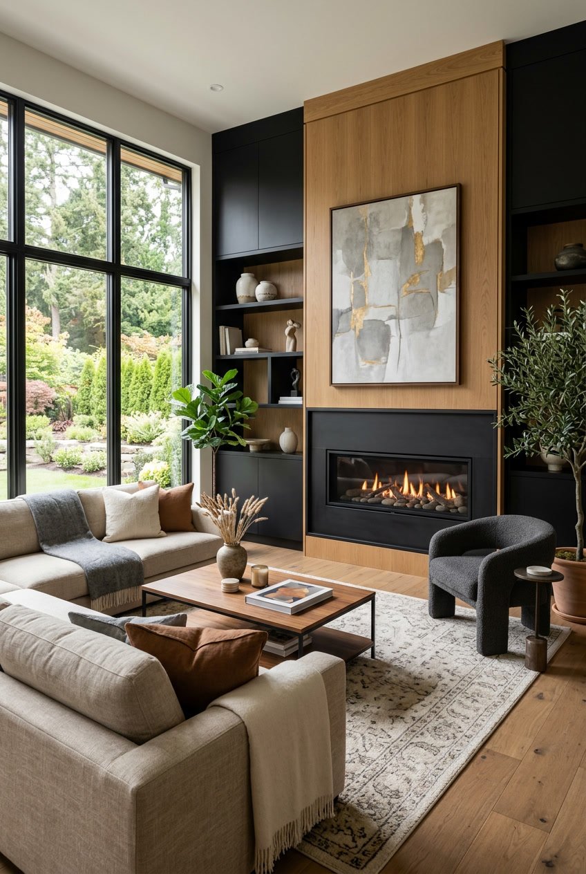 Wohnzimmer mit eingebautem Kamin und elegantem Rahmen, gemütliche Sitzmöbel und dekorative Elemente