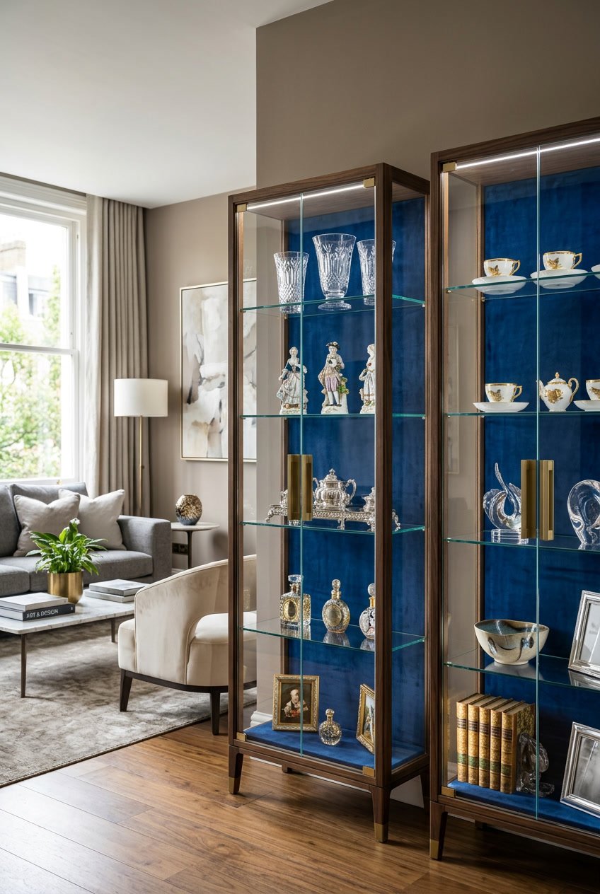 Wohnzimmer mit eleganten Glasvitrinen, die mit Samt ausgekleidet sind und edle Dekorationsgegenstände zeigen.