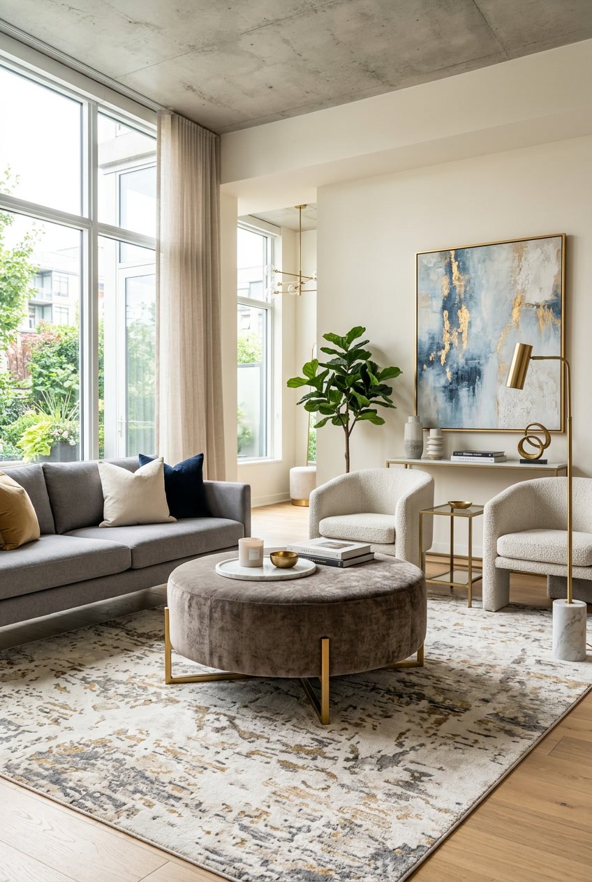 Wohnzimmer mit einem gepolsterten Hocker mit goldfarbenen Füßen, umgeben von Möbeln und Dekoration.