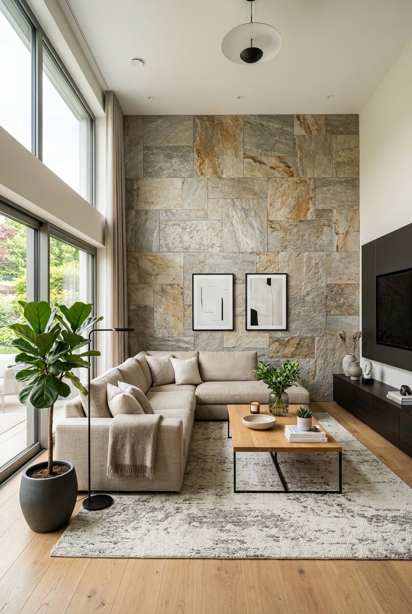 Wohnzimmer mit Steinoptik-Wandverkleidungen, Sofa, Couchtisch und großen Fenstern, die natürliches Licht hereinlassen.