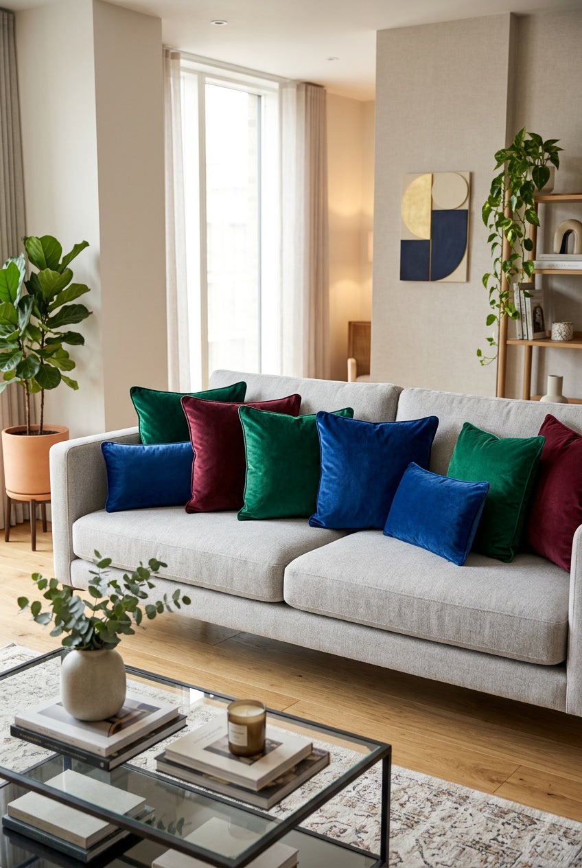 Mehrere luxuriöse Samtkissen liegen auf einem Sofa in einem modernen Wohnzimmer.