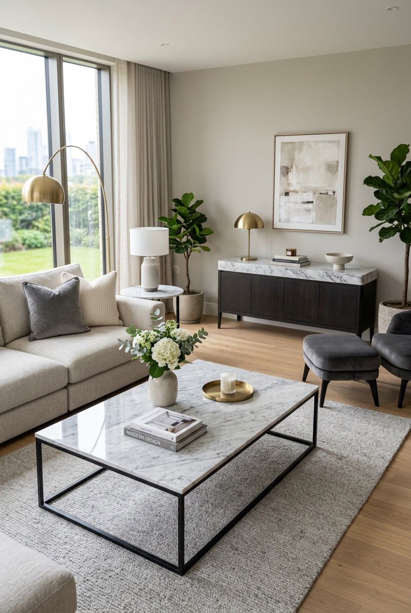 Wohnzimmer mit Couchtisch und Sideboards in Marmoroptik, elegant eingerichtet mit Sofa und Pflanzen.