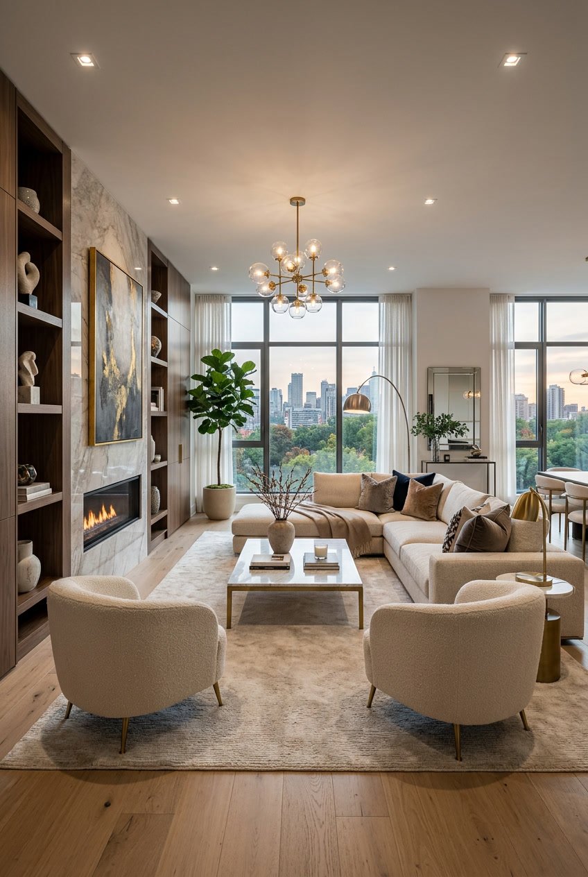 Ein helles Wohnzimmer mit großen Fenstern, bequemen Sofas, modernen Möbeln und dekorativen Pflanzen.