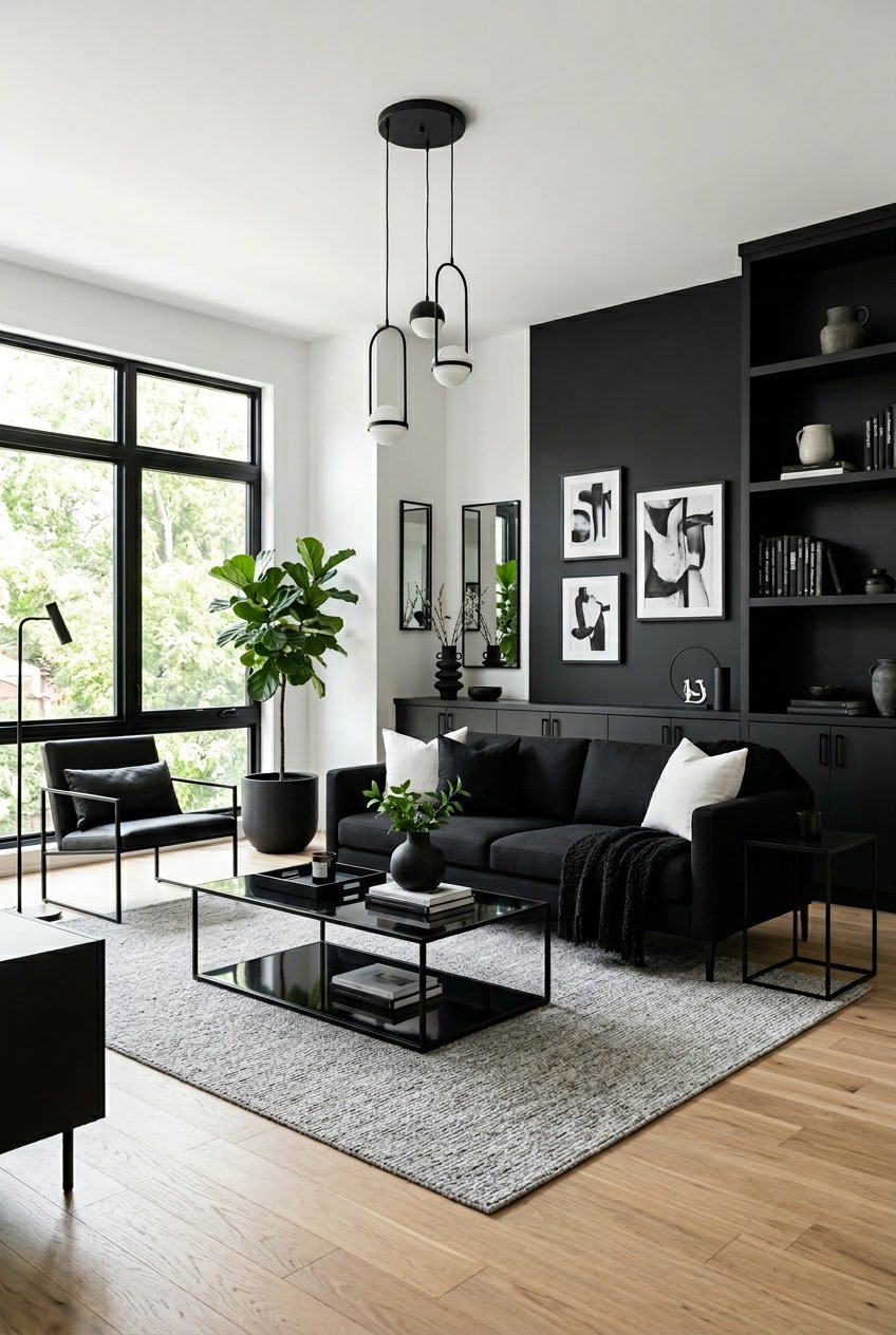 Ein modernes Wohnzimmer mit schwarzer Einrichtung, großen Fenstern und hellem Holzboden.