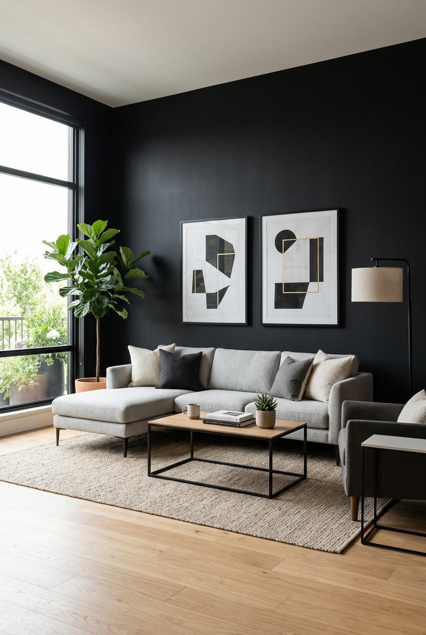 Ein Wohnzimmer mit mattschwarzen Wänden, einem Sofa, einem Couchtisch und Pflanzen, das hell beleuchtet und einladend wirkt.