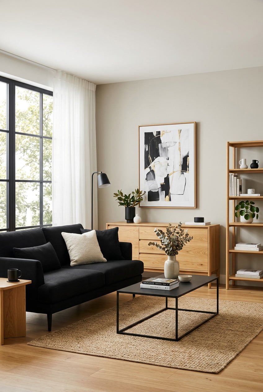 Wohnzimmer mit schwarzen Möbeln und hellen Eichenholzmöbeln als Kontrast.