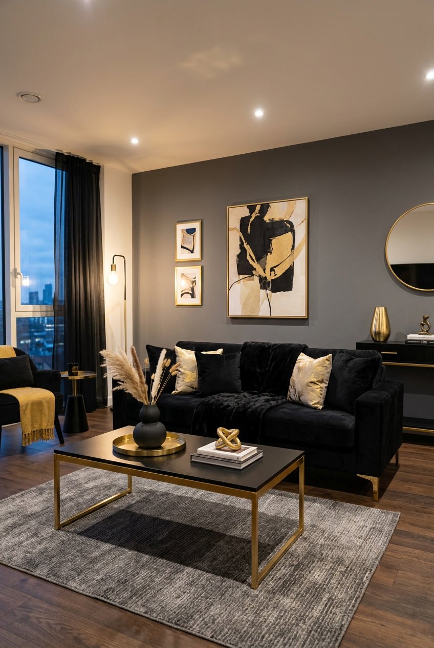 Modernes Wohnzimmer mit schwarzen Möbeln und goldenen Dekorationen, die einen Hauch von Glamour verleihen.