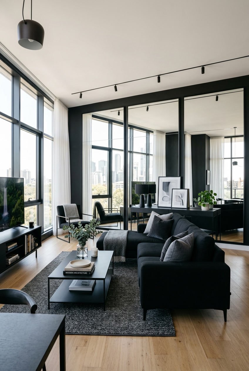 Ein Wohnzimmer mit großen Spiegeln an den Wänden, die den Raum größer wirken lassen, und schwarzen Möbeln.