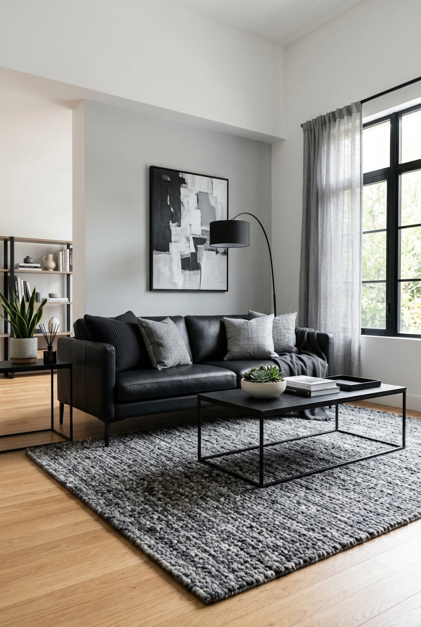 Ein Wohnzimmer mit grauen Teppichen und schwarzen Möbeln, das eine gemütliche Atmosphäre ausstrahlt.