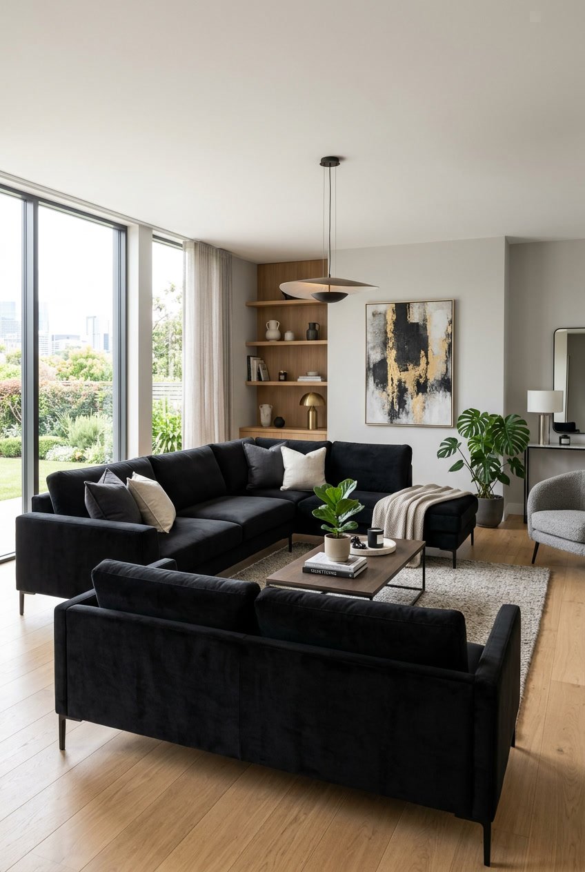 Ein Wohnzimmer mit mehreren schwarzen Samtsofas, einem Couchtisch und großen Fenstern, die Tageslicht hereinlassen.