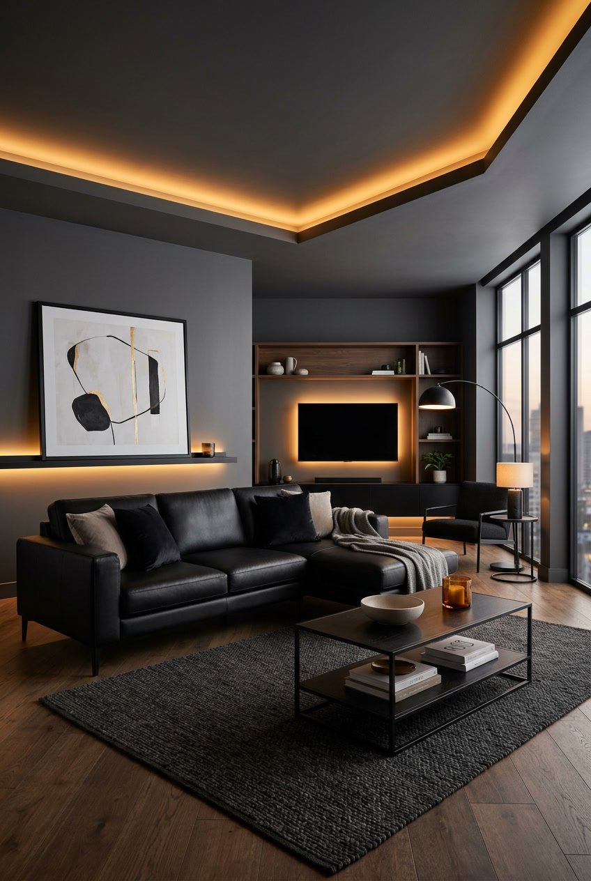 Ein Wohnzimmer mit indirekter LED-Beleuchtung, schwarzer Einrichtung und warmem Licht.