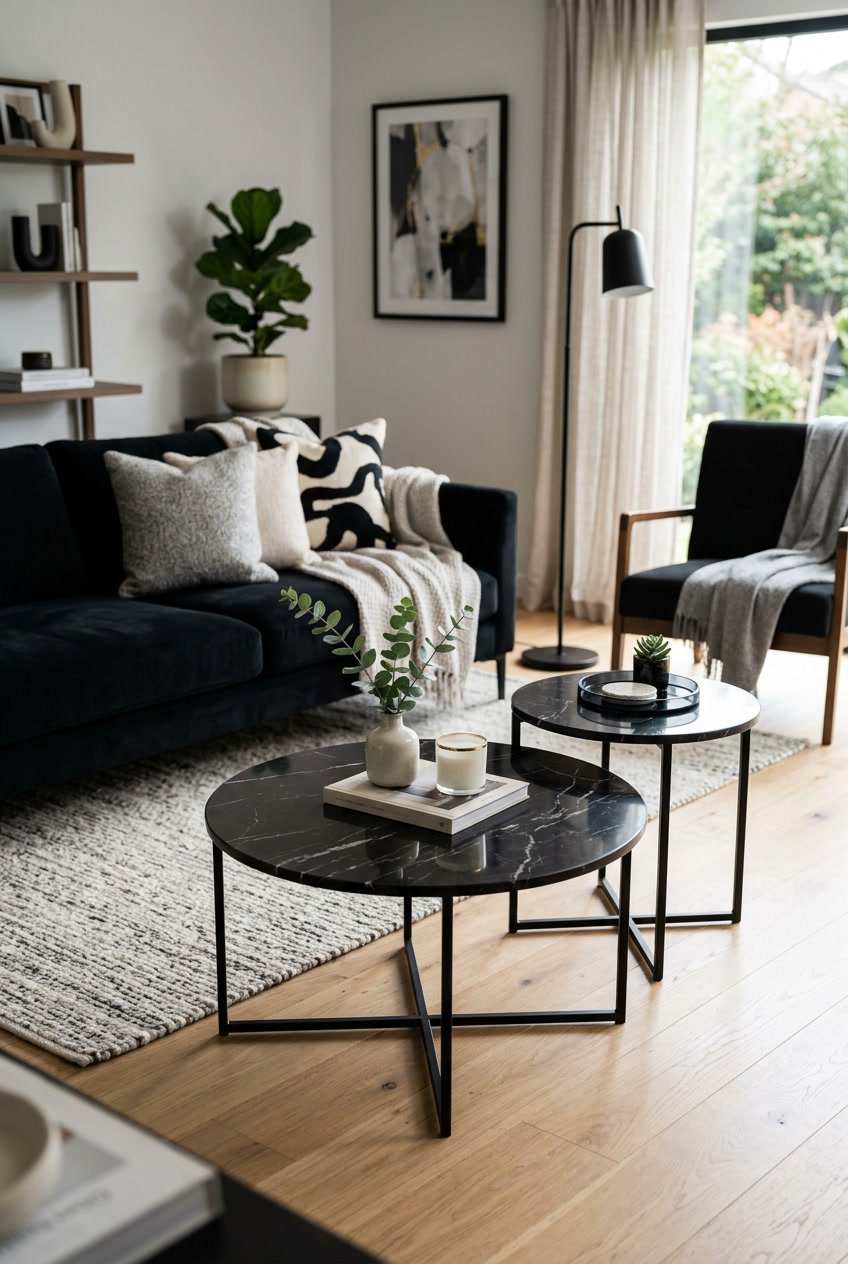 Ein Wohnzimmer mit schwarzen Marmorbeistelltischen mit feinen Adern und moderner Einrichtung.