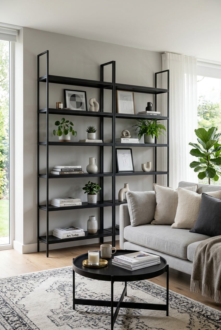 Ein Wohnzimmer mit schwarzen Regalen, einem Sofa und einem Couchtisch, hell beleuchtet und ordentlich eingerichtet.