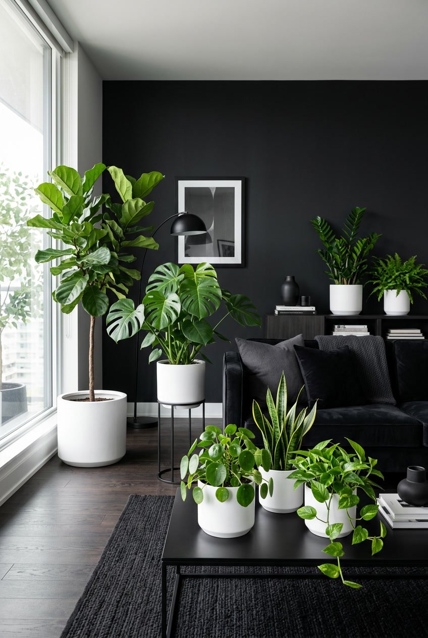 Wohnzimmer mit grünen Pflanzen in weißen Übertöpfen vor schwarzem Hintergrund.