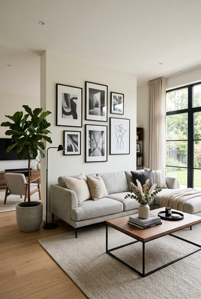 Ein modernes Wohnzimmer mit Sofa und schwarz-weißen Bildern an der Wand.