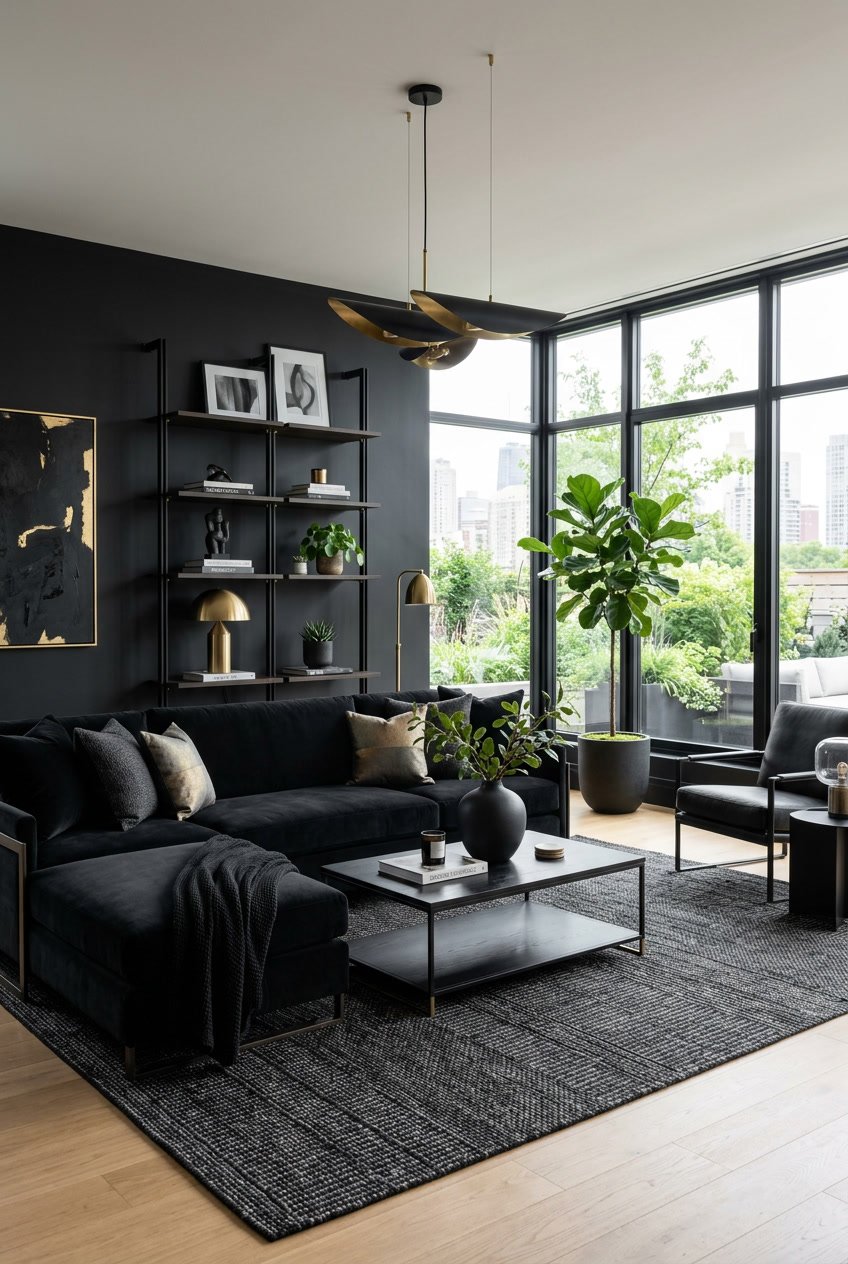 Ein modernes Wohnzimmer mit schwarzen Möbeln, großen Fenstern und dezenter Beleuchtung.