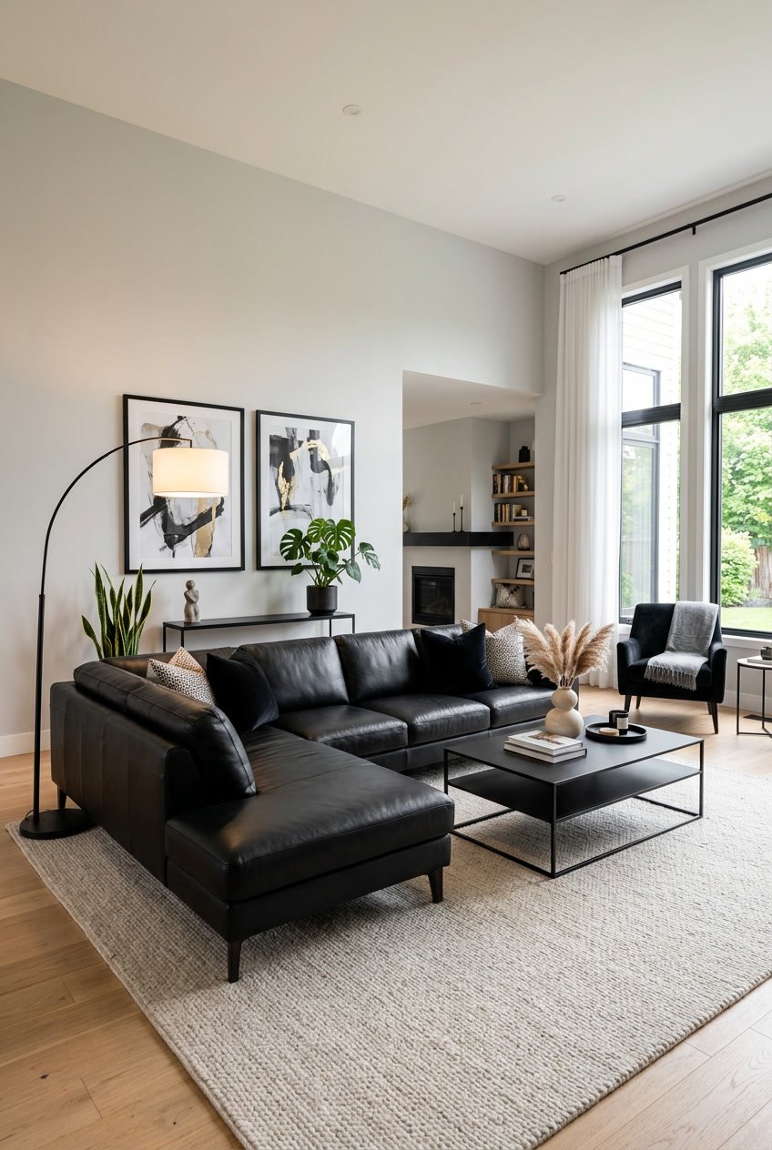 Ein Wohnzimmer mit schwarzem Ledersofa, schwarzem Couchtisch und schwarzen Akzenten, hell beleuchtet durch große Fenster.