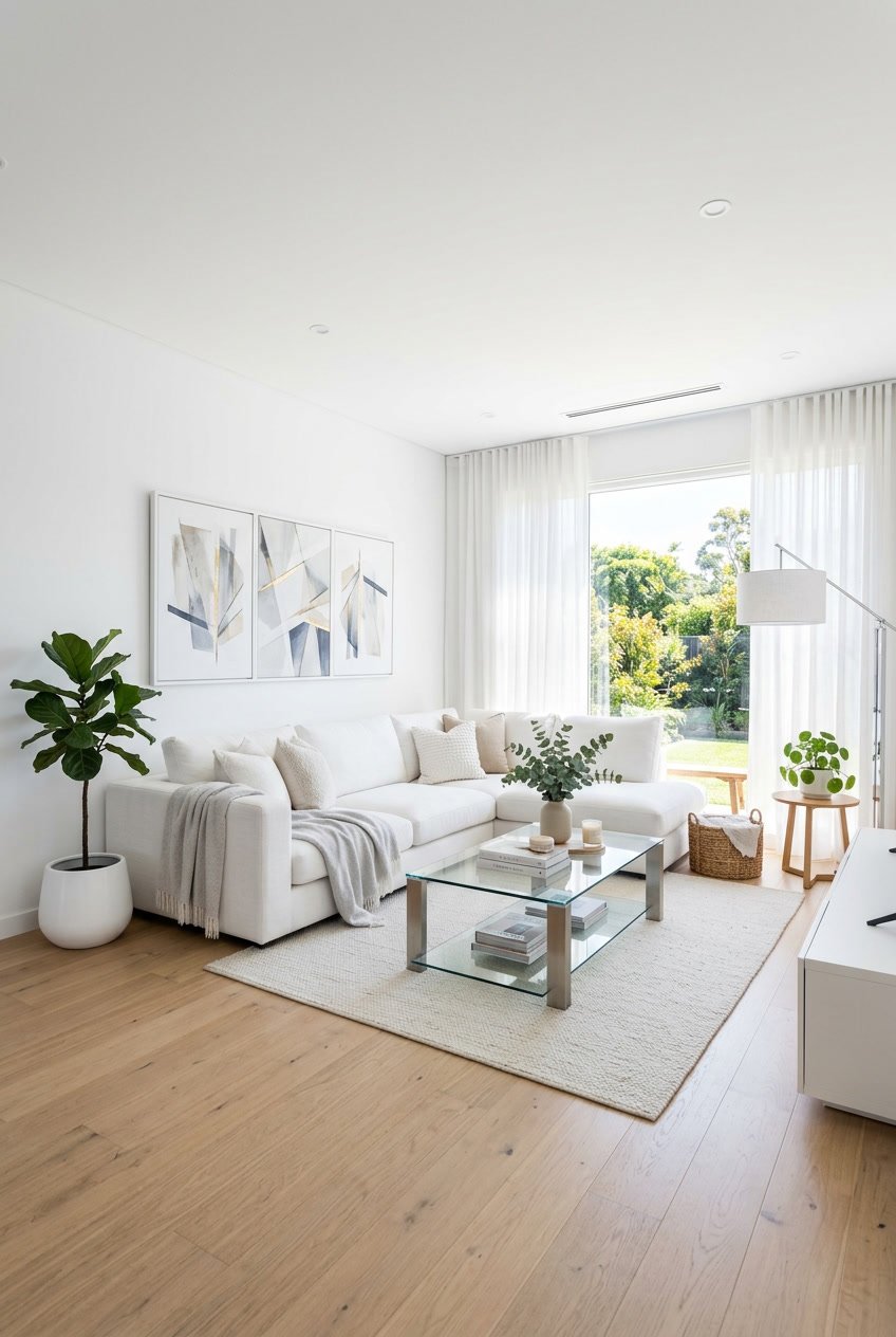 Ein helles Wohnzimmer mit weißem Sofa, großem Fenster, Pflanzen und modernem Mobiliar.