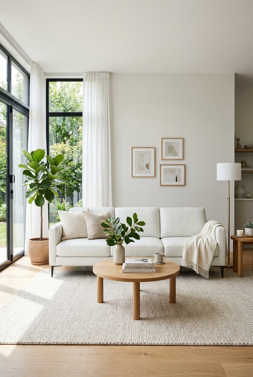 Ein Wohnzimmer mit einem weißen Ledersofa, einem kleinen Couchtisch und einer Pflanze neben dem Sofa.