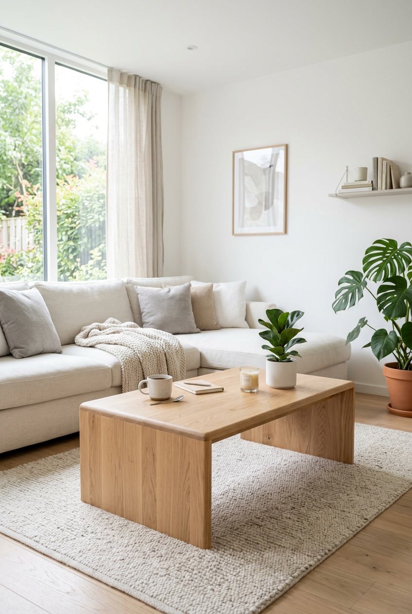 Ein Wohnzimmer mit einem Couchtisch aus hellem Holz, weißen Sofas und Pflanzen in einem hellen Raum.